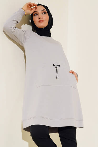 Kanguru Cep Lastikli Tunik Gri - Tunik