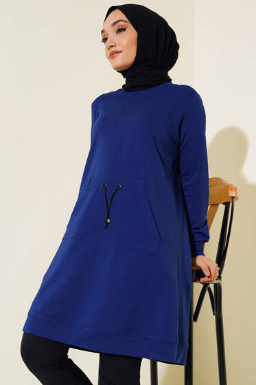 Kanguru Cep Lastikli Tunik İndigo - Tunik