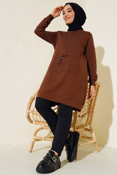 Kanguru Cep Lastikli Tunik Kahve - Tunik