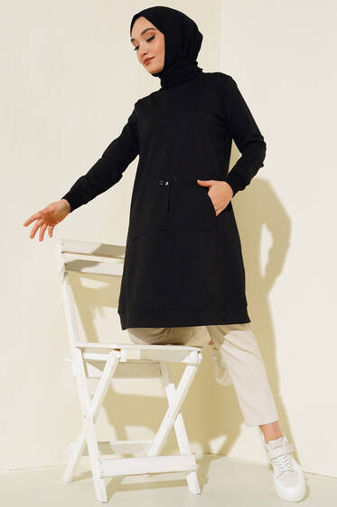 Kanguru Cep Lastikli Tunik Siyah - Tunik