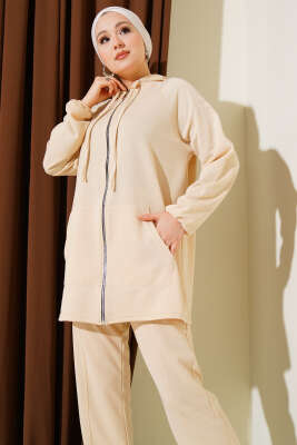 Kanguru Cepli Fermuarlı İkili Takım Bej - İkili Takım