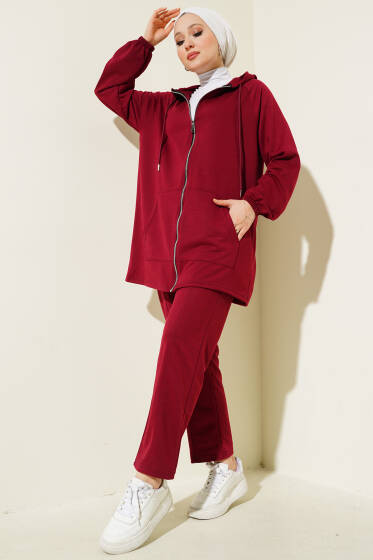 Kanguru Cepli Fermuarlı İkili Takım Bordo - İkili Takım