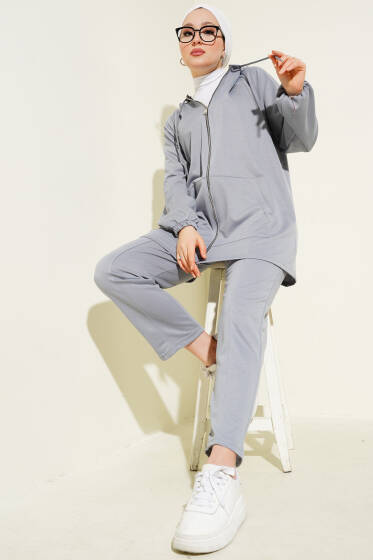 Kanguru Cepli Fermuarlı İkili Takım Gri - İkili Takım