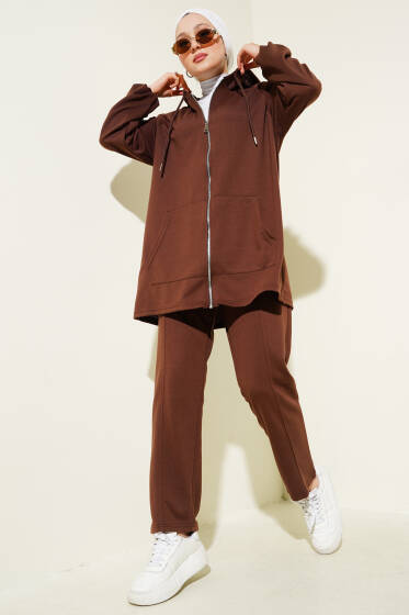 Kanguru Cepli Fermuarlı İkili Takım Kahve - İkili Takım