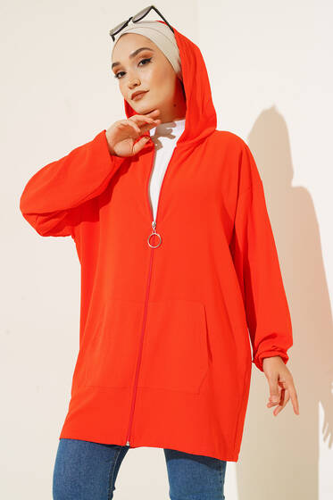 Kanguru Cepli Fermuarlı Kapşonlu Hırka Alizarin - Hırka