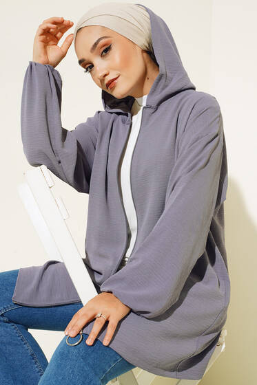 Kanguru Cepli Fermuarlı Kapşonlu Hırka Kayrak Grisi - Hırka