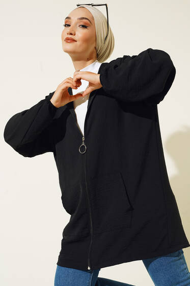 Kanguru Cepli Fermuarlı Kapşonlu Hırka Siyah - Hırka