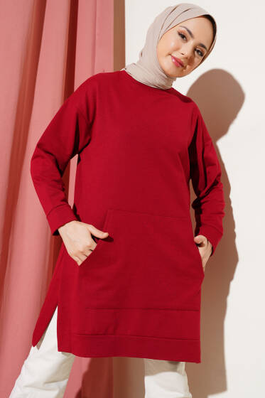 Kanguru Cepli İki İplik Tunik Bordo - Yılın Fırsatı