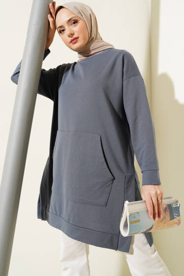 Kanguru Cepli İki İplik Tunik Füme - Yılın Fırsatı