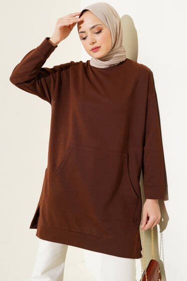 Kanguru Cepli İki İplik Tunik Kahve - Tunik