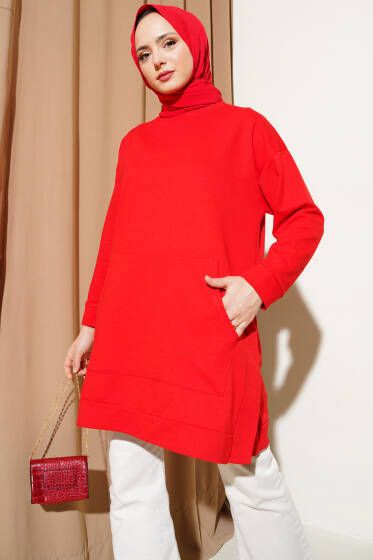 Kanguru Cepli İki İplik Tunik Kırmızı - Tunik