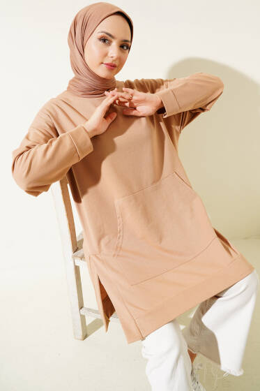 Kanguru Cepli İki İplik Tunik Latte - Yılın Fırsatı