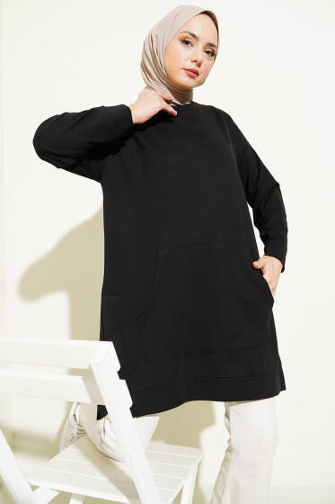 Kanguru Cepli İki İplik Tunik Siyah - Yılın Fırsatı