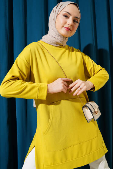 Kanguru Cepli İki İplik Tunik Yağ Yeşili - Yılın Fırsatı