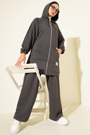 Kanguru Cepli Kapüşonlu İkili Takım Füme - İkili Takım