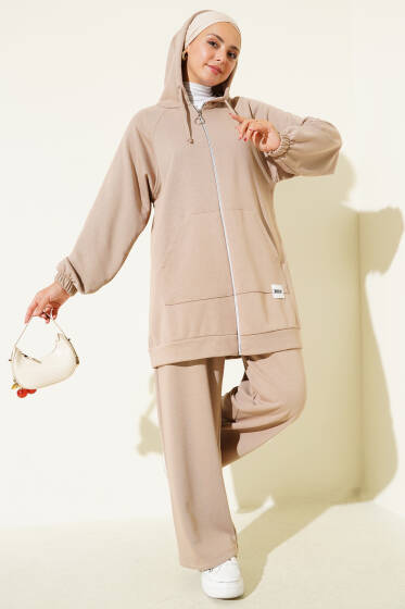Kanguru Cepli Kapüşonlu İkili Takım Latte - İkili Takım