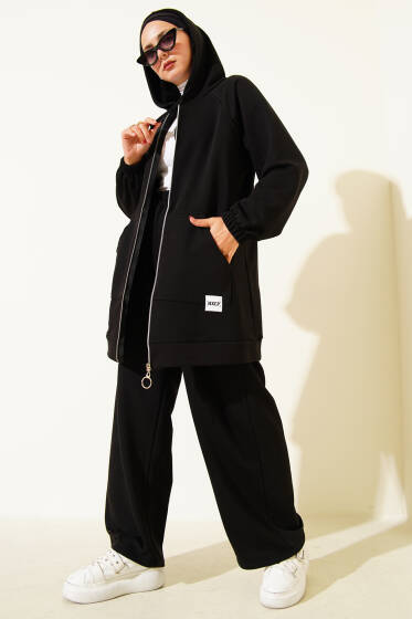 Kanguru Cepli Kapüşonlu İkili Takım Siyah - İkili Takım