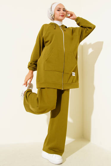 Kanguru Cepli Kapüşonlu İkili Takım Yağ Yeşili - İkili Takım