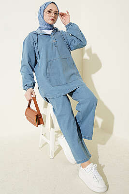 Kanguru Cepli Kapüşonlu Kot İkili Takım Açık Mavi - TEGOE