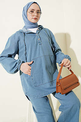 Kanguru Cepli Kapüşonlu Kot İkili Takım Açık Mavi - İkili Takım