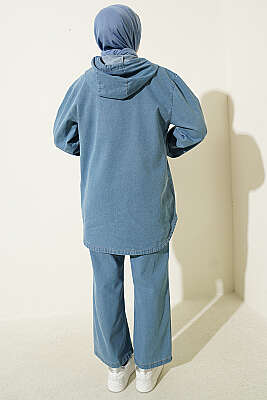 Kanguru Cepli Kapüşonlu Kot İkili Takım Açık Mavi - İkili Takım