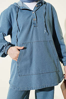 Kanguru Cepli Kapüşonlu Kot İkili Takım Açık Mavi - İkili Takım