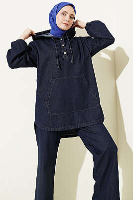 Kanguru Cepli Kapüşonlu Kot İkili Takım Lacivert - TEGOE
