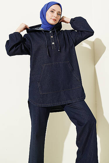 Kanguru Cepli Kapüşonlu Kot İkili Takım Lacivert - İkili Takım