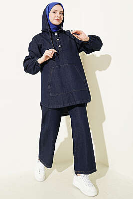 Kanguru Cepli Kapüşonlu Kot İkili Takım Lacivert - İkili Takım