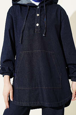 Kanguru Cepli Kapüşonlu Kot İkili Takım Lacivert - İkili Takım