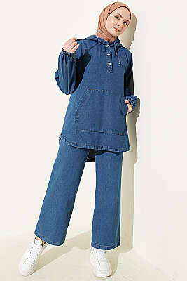 Kanguru Cepli Kapüşonlu Kot İkili Takım Mavi - TEGOE