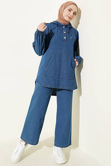 Kanguru Cepli Kapüşonlu Kot İkili Takım Mavi - İkili Takım