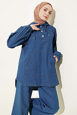 Kanguru Cepli Kapüşonlu Kot İkili Takım Mavi - İkili Takım