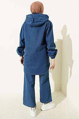 Kanguru Cepli Kapüşonlu Kot İkili Takım Mavi - İkili Takım