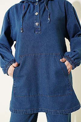 Kanguru Cepli Kapüşonlu Kot İkili Takım Mavi - İkili Takım