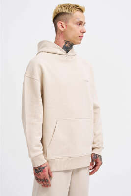 Kanguru Cepli Kapüşonlu Pamuklu Erkek Sweatshirt Bej - MACINIST