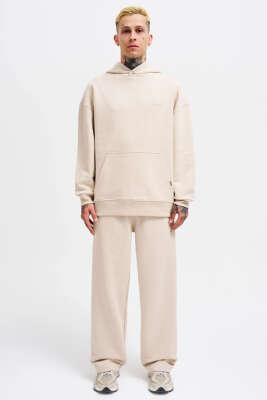Kanguru Cepli Kapüşonlu Pamuklu Erkek Sweatshirt Bej - Erkek Sweatshirt