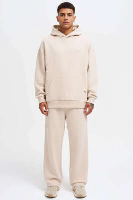 Kanguru Cepli Kapüşonlu Pamuklu Erkek Sweatshirt Bej 