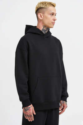 Kanguru Cepli Kapüşonlu Pamuklu Erkek Sweatshirt Siyah - MACINIST