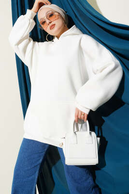 Kanguru Cepli Kapüşonlu Şardonlu Sweatshirt Ekru - ADYES