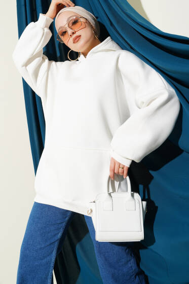 Kanguru Cepli Kapüşonlu Şardonlu Sweatshirt Ekru - Tunik