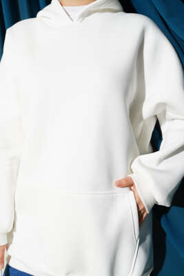 Kanguru Cepli Kapüşonlu Şardonlu Sweatshirt Ekru - Tunik
