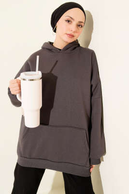 Kanguru Cepli Kapüşonlu Şardonlu Sweatshirt Füme - ADYES