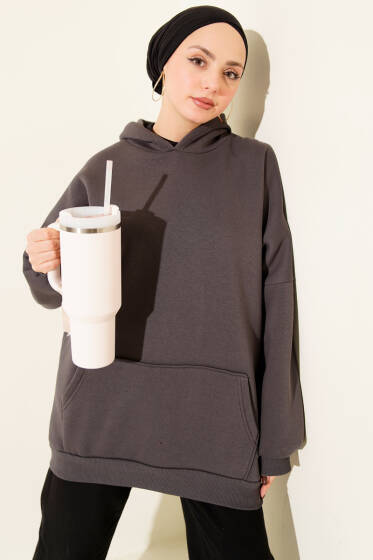 Kanguru Cepli Kapüşonlu Şardonlu Sweatshirt Füme - Tunik