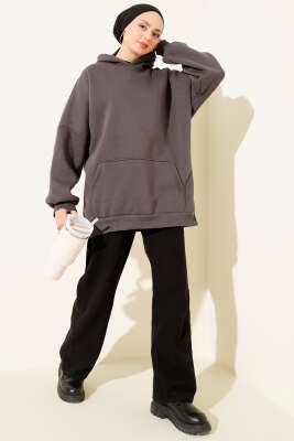 Kanguru Cepli Kapüşonlu Şardonlu Sweatshirt Füme - Tunik