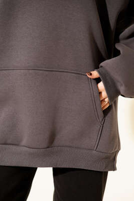 Kanguru Cepli Kapüşonlu Şardonlu Sweatshirt Füme - Tunik