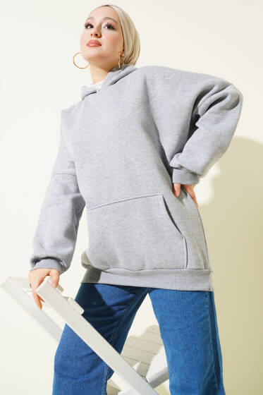 Kanguru Cepli Kapüşonlu Şardonlu Sweatshirt Gri - Tunik