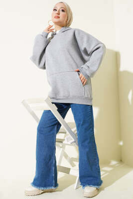 Kanguru Cepli Kapüşonlu Şardonlu Sweatshirt Gri - Tunik
