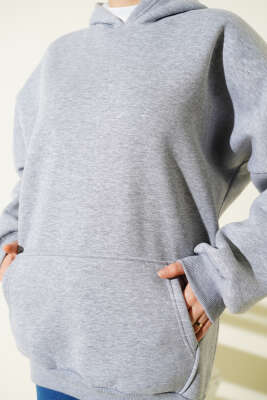 Kanguru Cepli Kapüşonlu Şardonlu Sweatshirt Gri - Tunik