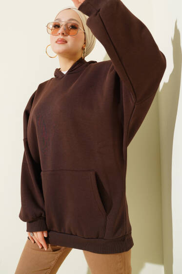 Kanguru Cepli Kapüşonlu Şardonlu Sweatshirt Kahve - Tunik